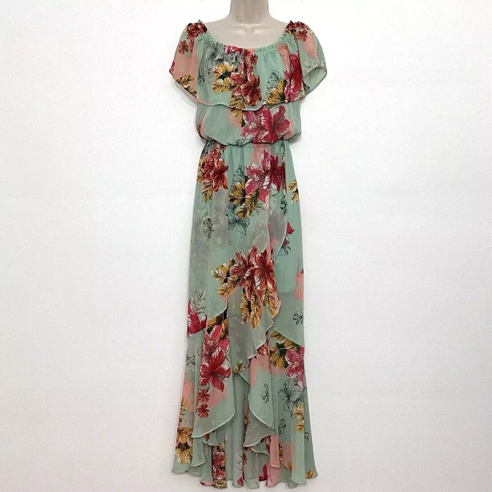 Express Womens Dress S Aqua Blue Floral Maxi Stretch Waist Hi Lo Ruffle Fairy